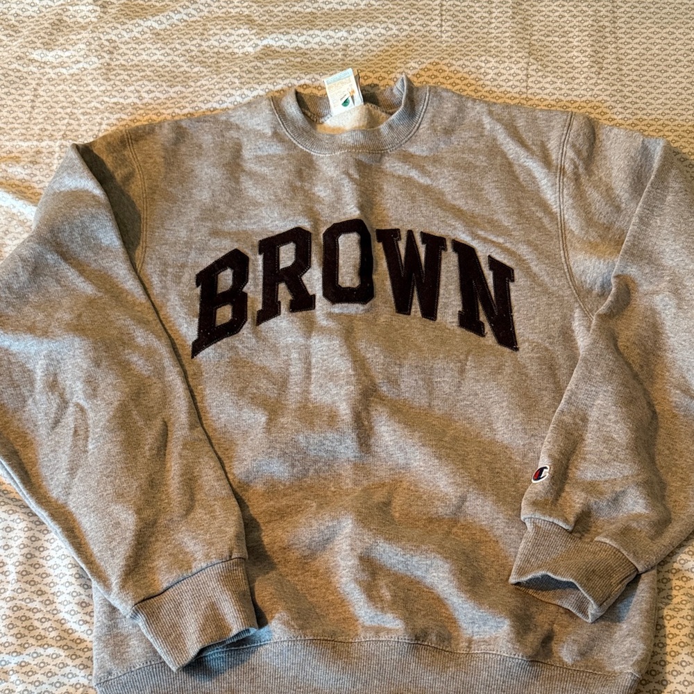 Champion Gray Crewneck Sweatshirt with Brown Chenille 'BROWN' Lettering